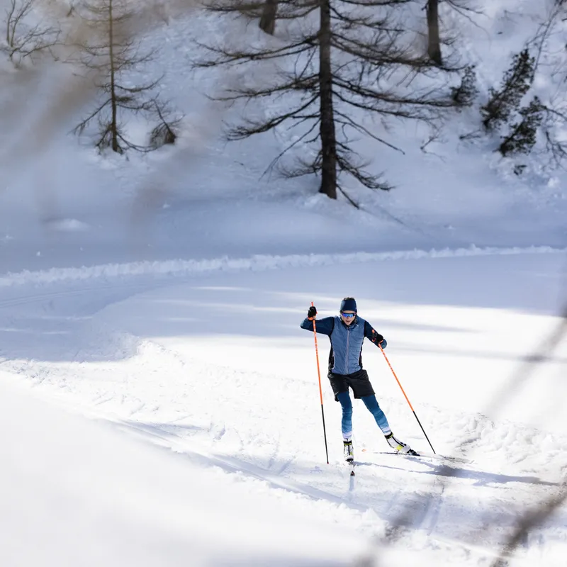 Cross-country skier gliding on snowy trail through winter forest in sunlight